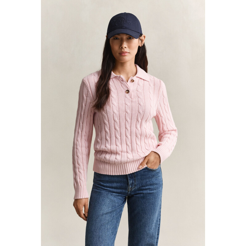 SVETR GANT COTTON CABLE KNIT RUGGER REFINED PINK