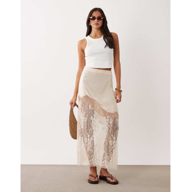 ASOS DESIGN satin lace hem maxi skirt in champagne-White