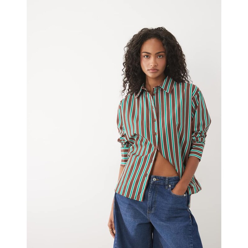 ASOS DESIGN oversized wide cuff shirt in brown stripe