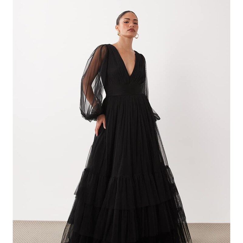 Lace & Beads Petite Bridesmaid sheer mesh sleeve plunge neck