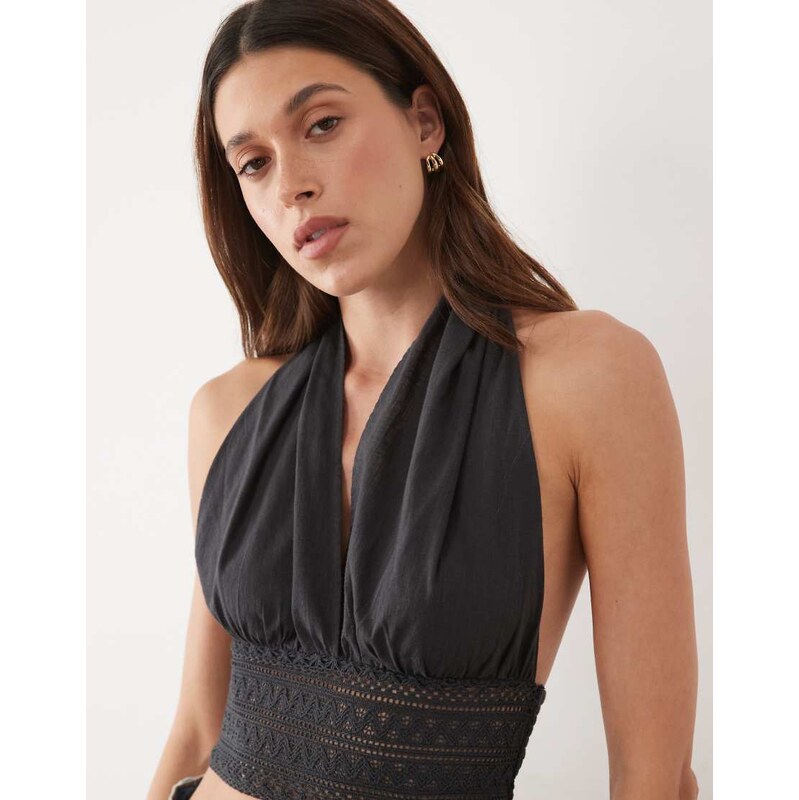 Mango Teen 100% cotton halterneck crochet detail top in charcoal