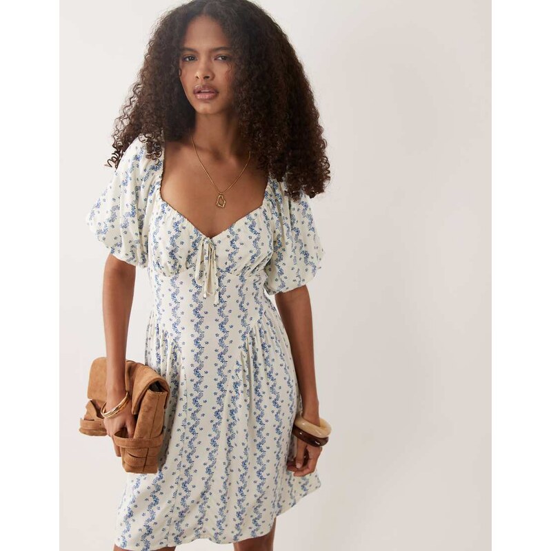 New Look floral milkmaid mini dress in blue