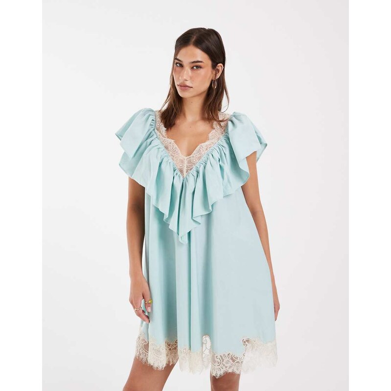 ASOS DESIGN v neck poplin ruffle mini dress with lace trims in