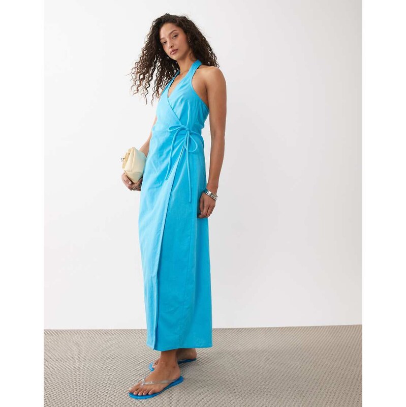 ASOS DESIGN cotton linen halter neck wrap maxi sundress in
