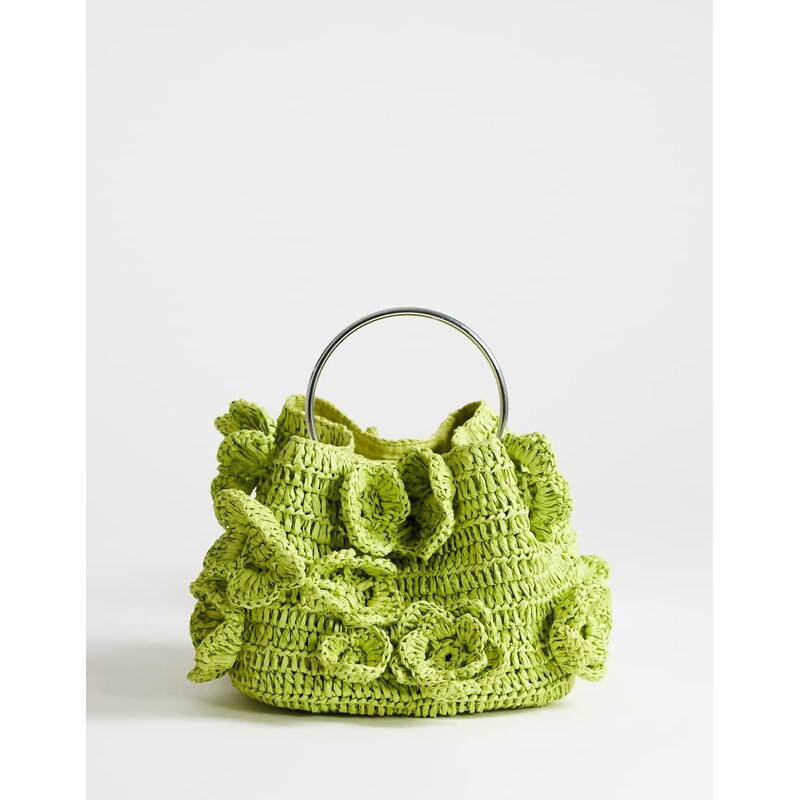 Topshop Millie small straw flower grab bag with metal handle in