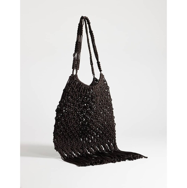 Topshop Milan medium crochet tassel bag in chocolate-Brown