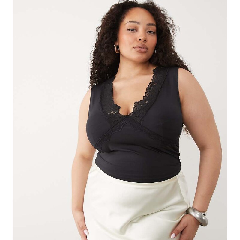 ASOS Curve ASOS DESIGN Curve slinky v neck lace trim top in