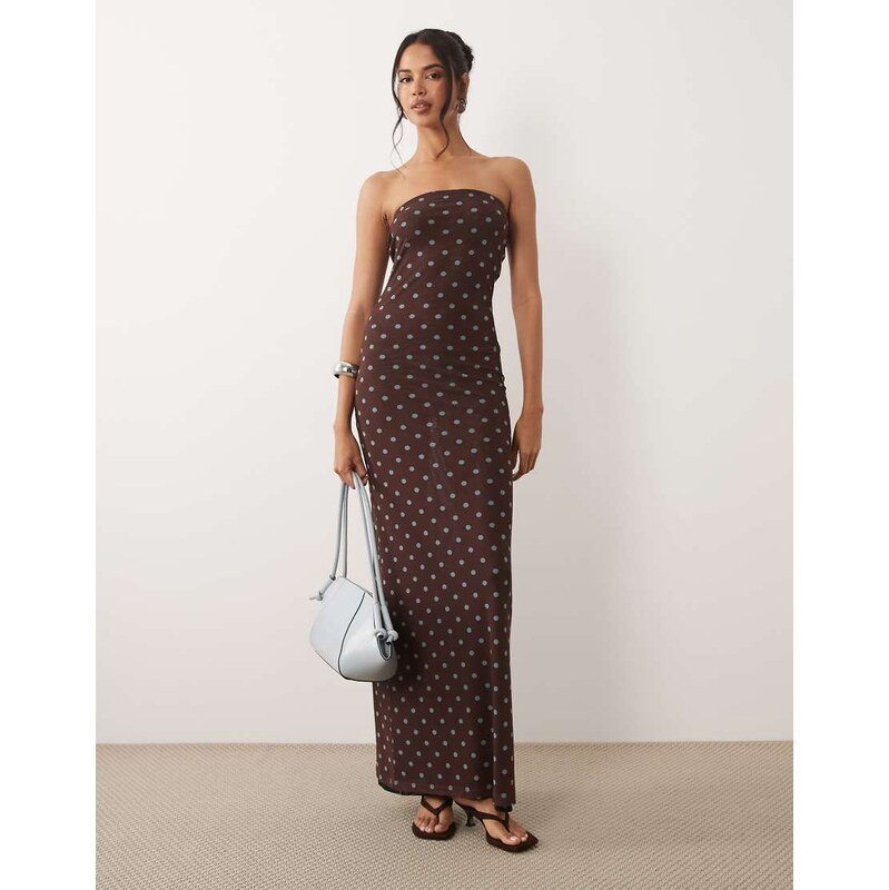 ASOS DESIGN sheer mesh bandeau maxi dress in brown polka dot