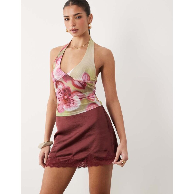ASOS DESIGN sheer mesh halterneck top in green floral-Multi
