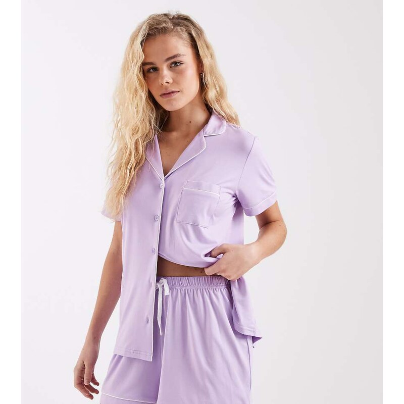 Loungeable super soft jersey revere top and short set in lilac
