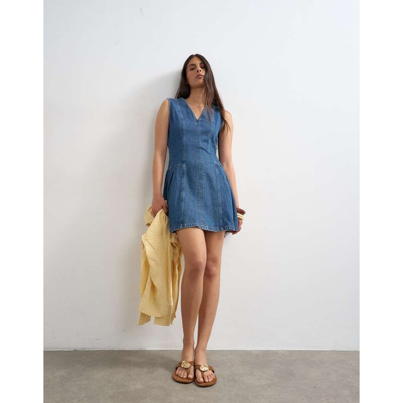 Topshop denim pleated side down mini dress rich blue