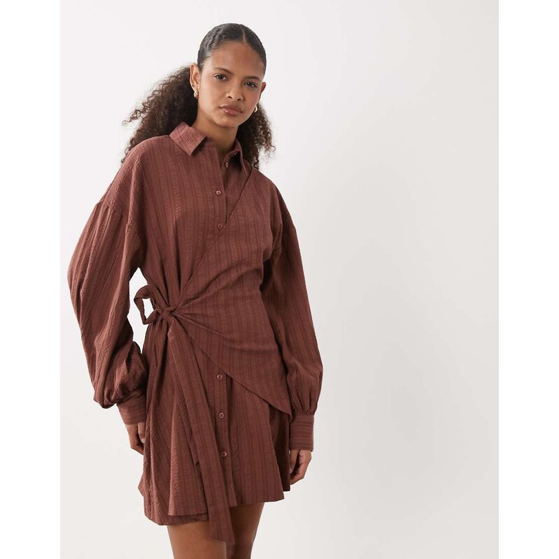 ASOS DESIGN long sleeve blouson tie waist mini shirt dress in