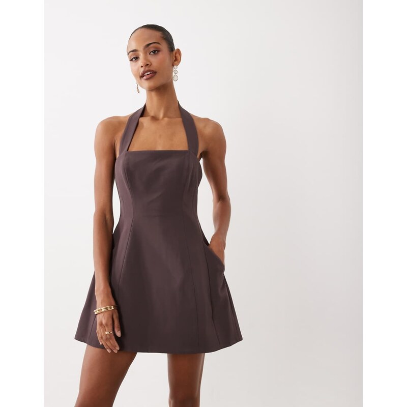Bardot Nevelle square halter neck mini dress in chocolate-Brown