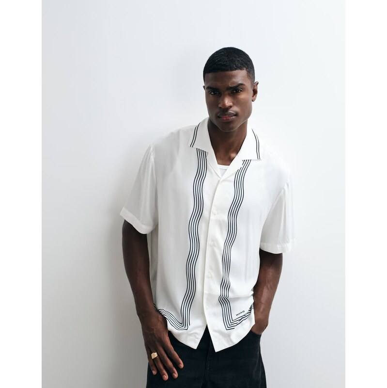 HUGO Red revere collar printed boarder shirt in white