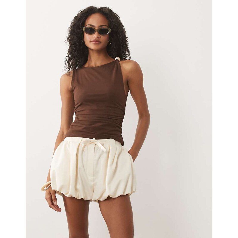 ASOS DESIGN bubble hem short in neutral check co-ord-White