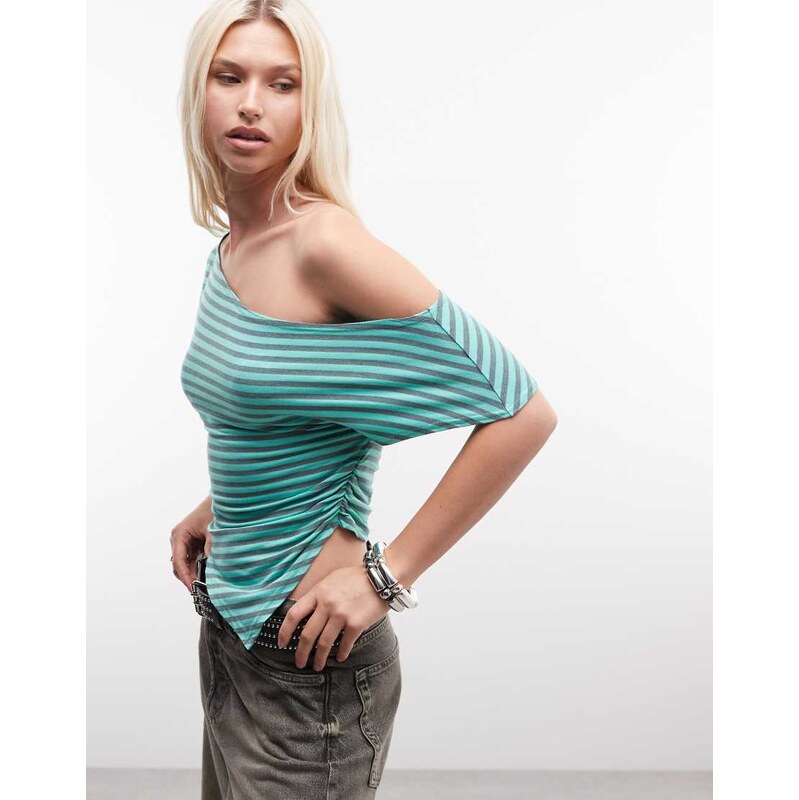 COLLUSION asymmetric drapey off-shoulder top in aqua stripe