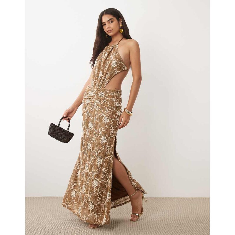 ASOS DESIGN floral crochet gathered waist halter maxi dress in