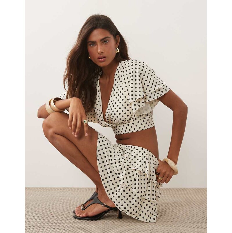 Miss Selfridge wrap frill sleeve top co-ord in polka dot-White