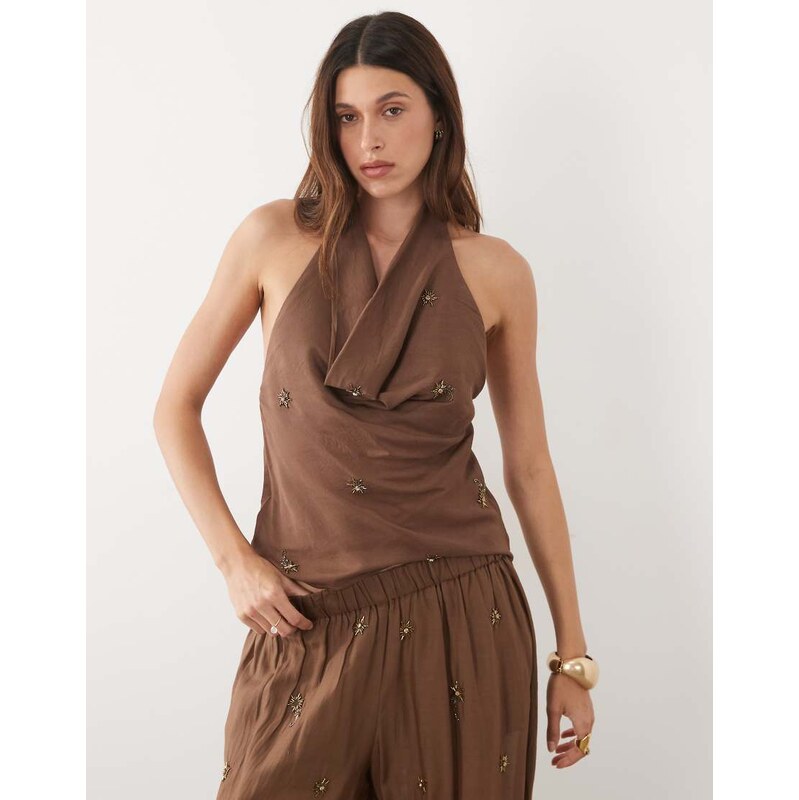 Mango Soliel embellished halterneck top co-ord in brown