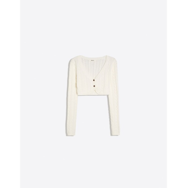 Bershka Cable knit crop jacket in ecru-White