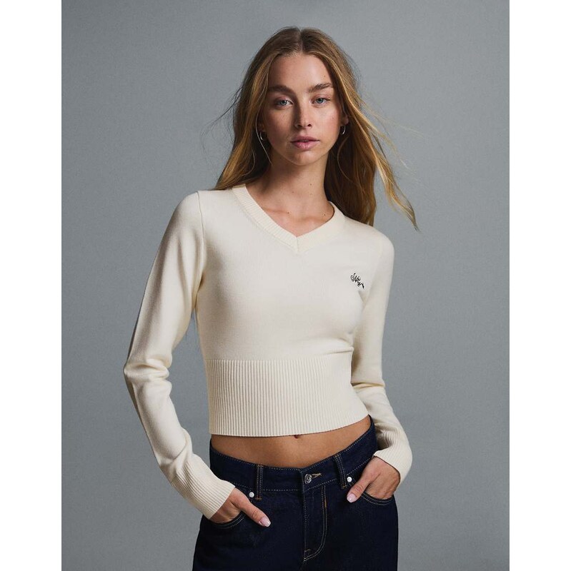 Bershka Embroidered v-neck jumper in ecru-White
