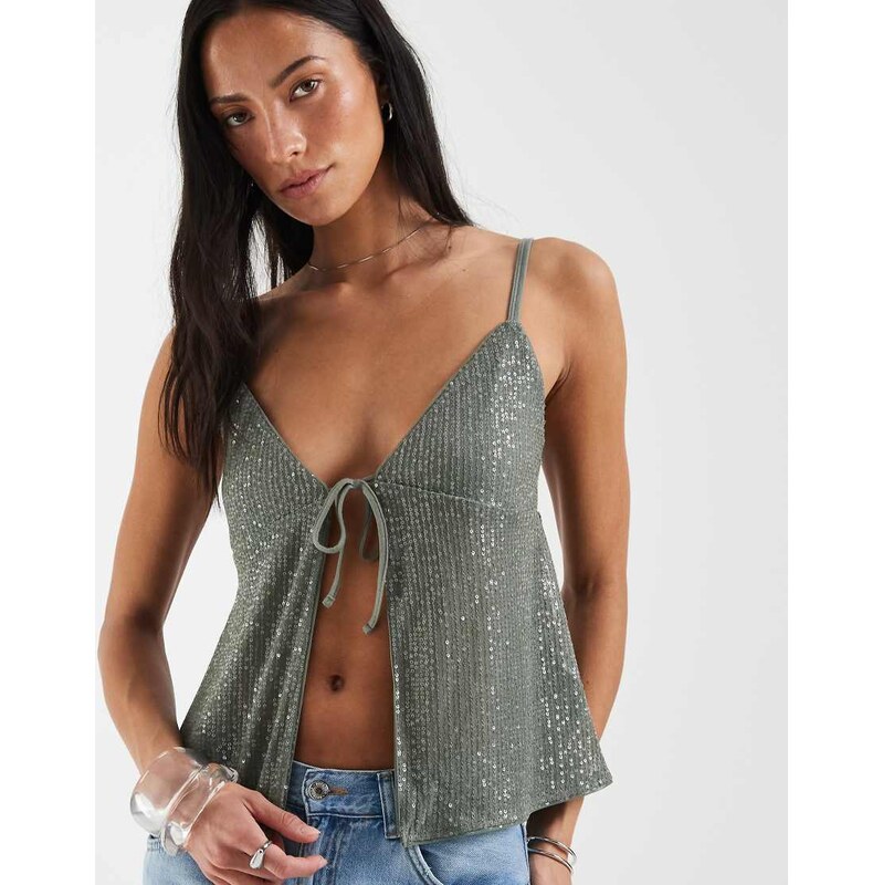 Hollister sequin tie front babydoll cami in khaki-Green