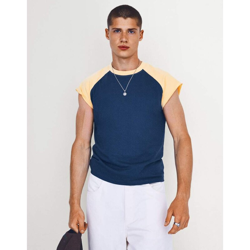 Bershka Worker raglan t-shirt in blue-Navy