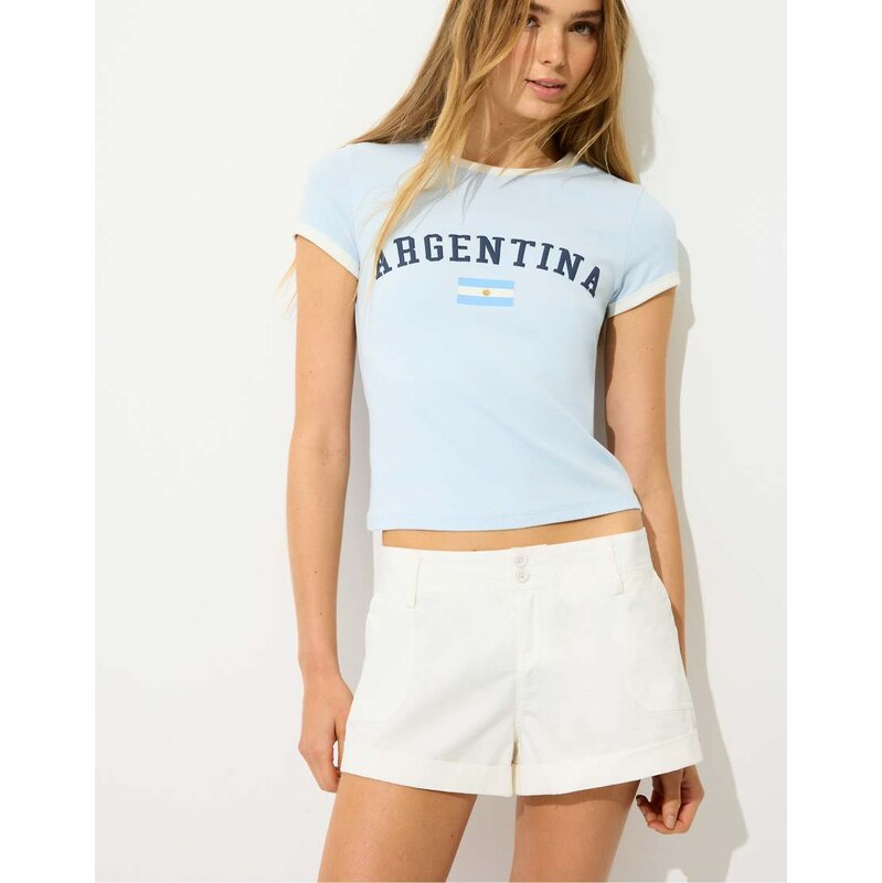 Stradivarius Turn-up mini shorts in white
