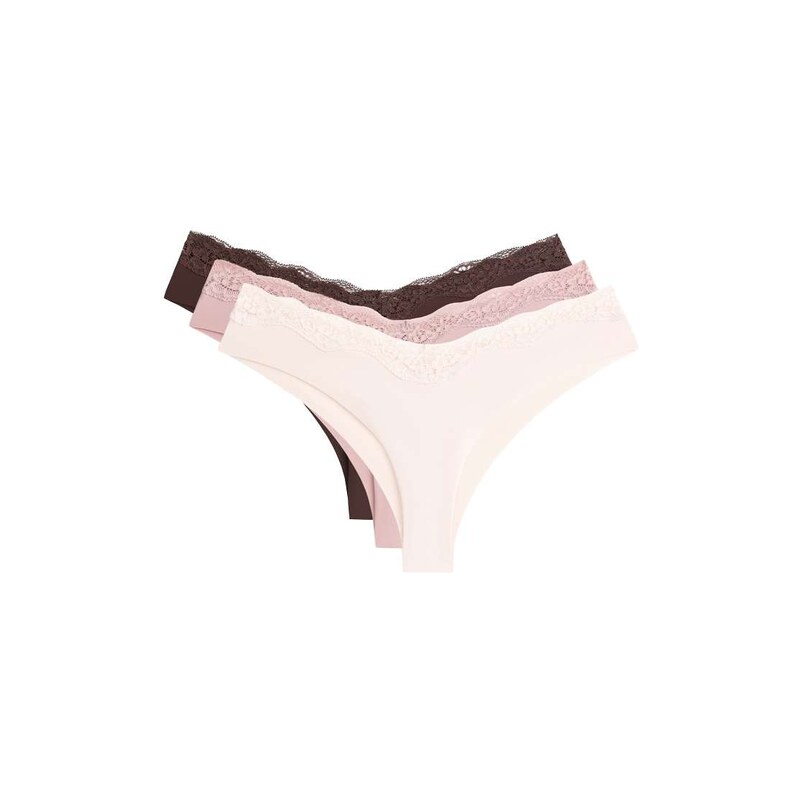 OYSHO 3 laser-cut polyamide blend lace brazilian briefs in brown