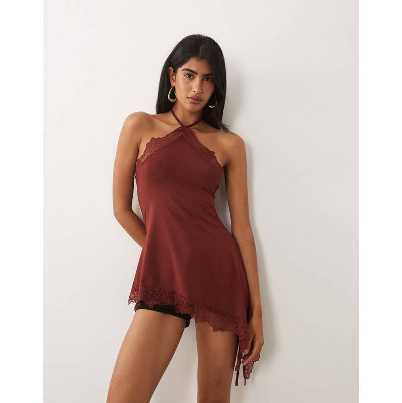 ASOS DESIGN slinky long line lace trim asymmetric halterneck top
