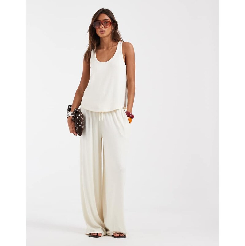 ASOS DESIGN textured knit wide leg trouser co-ord in cream-White