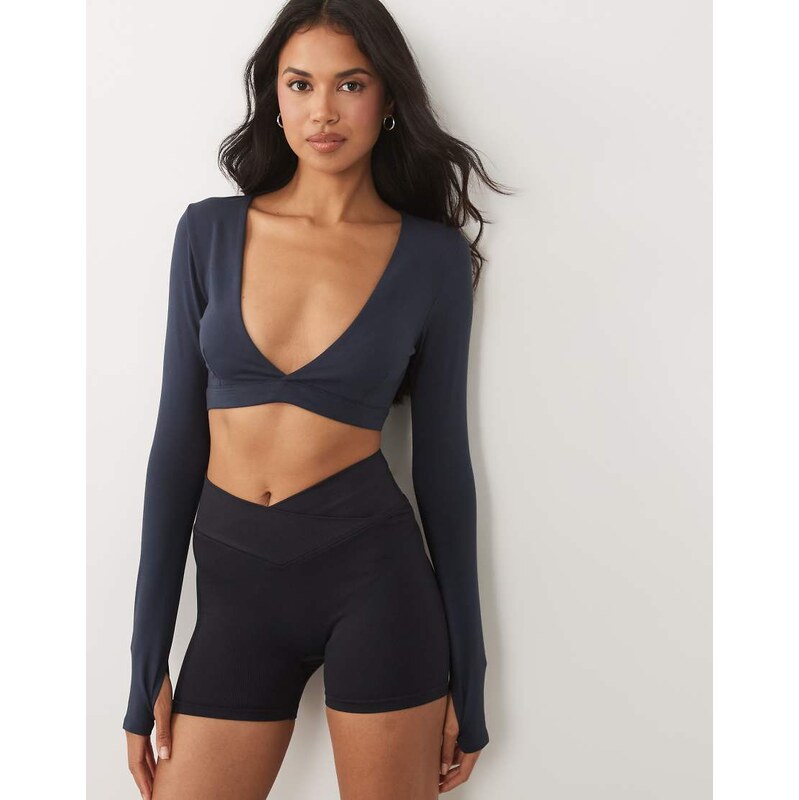 4505 soft touch cross front long sleeve cropped top in midnight