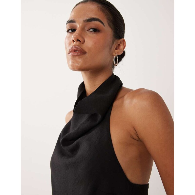 ASOS DESIGN linen blend drapey halter neck top in black
