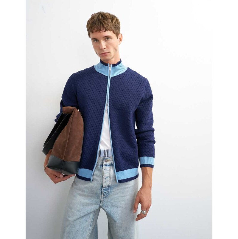 Topman regular fit knitted track cardigan in blue