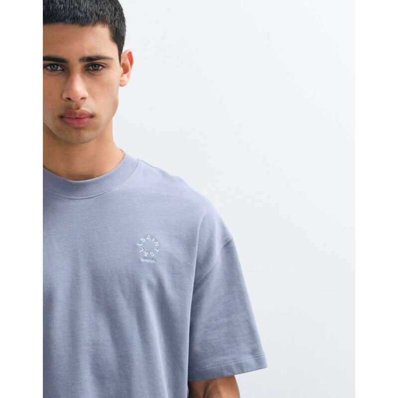 AllSaints Haven small embroidered chest logo t-shirt in dark