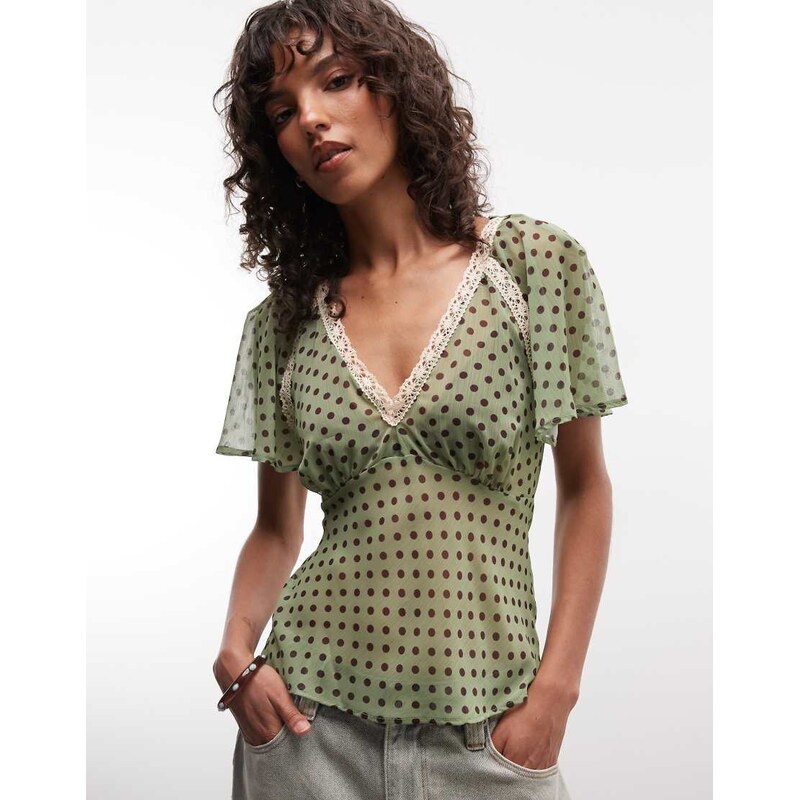 Reclaimed vintage chiffon tea top in spot print-Multi