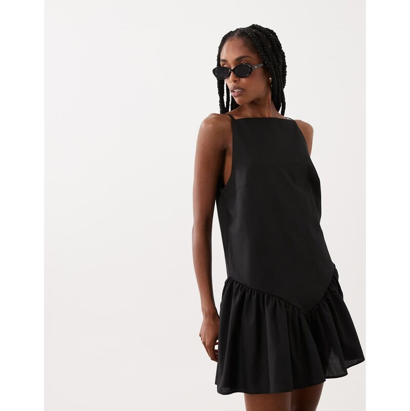 ASOS DESIGN poplin slash neck drop waist mini dress in black