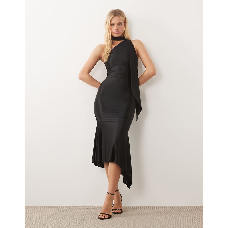 Oh Polly satin tie neck detail one shoulder asymmetric maxi