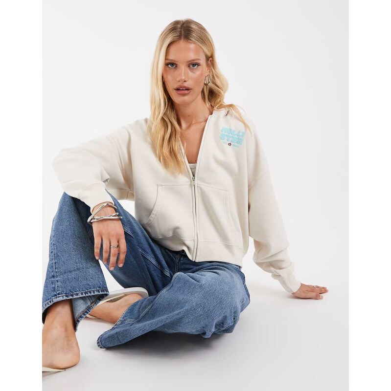 Hollister back graphic zip up hoodie in cream-White