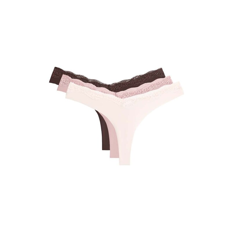 OYSHO 3 laser-cut polyamide blend lace thongs in brown