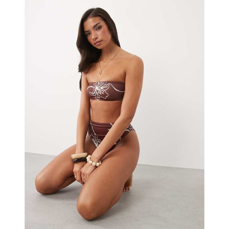 ASOS DESIGN Brogan bandeau bikini top in chocolate palm print