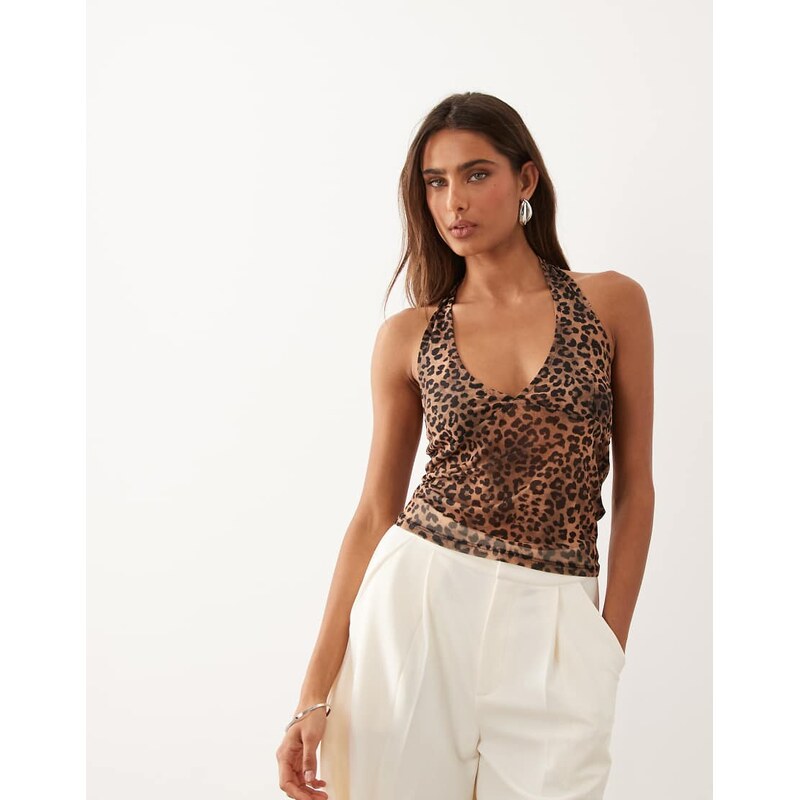 ASOS DESIGN sheer mesh halterneck top in animal print-Multi