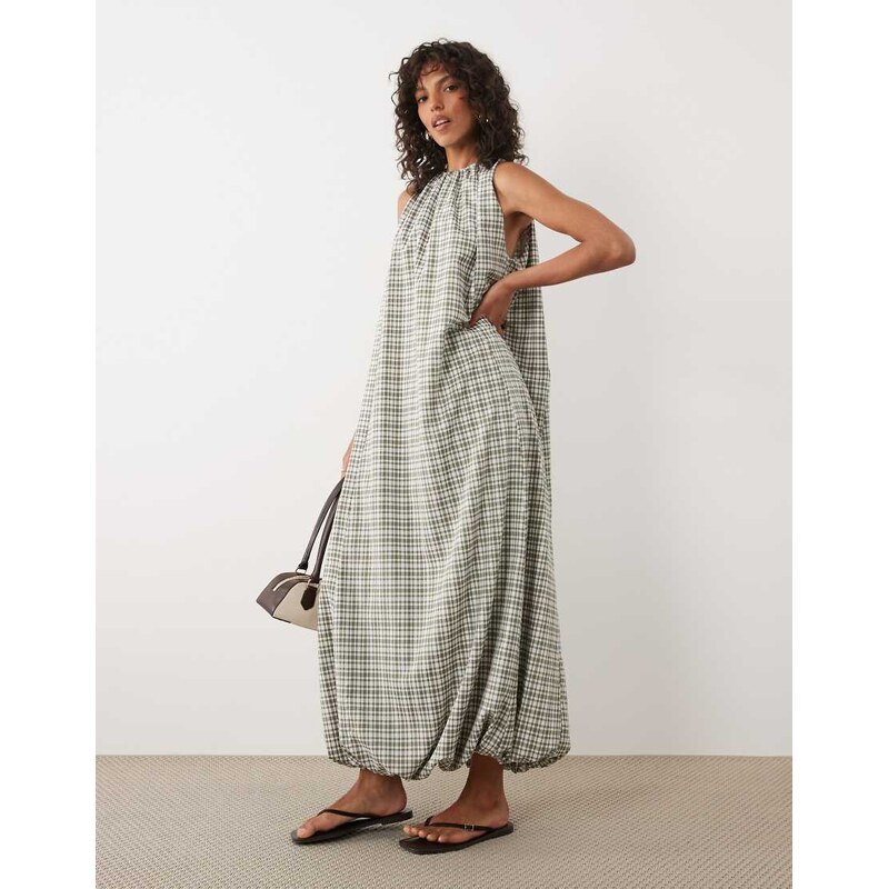 ASOS DESIGN halter neck maxi dress with puff hem in khaki check
