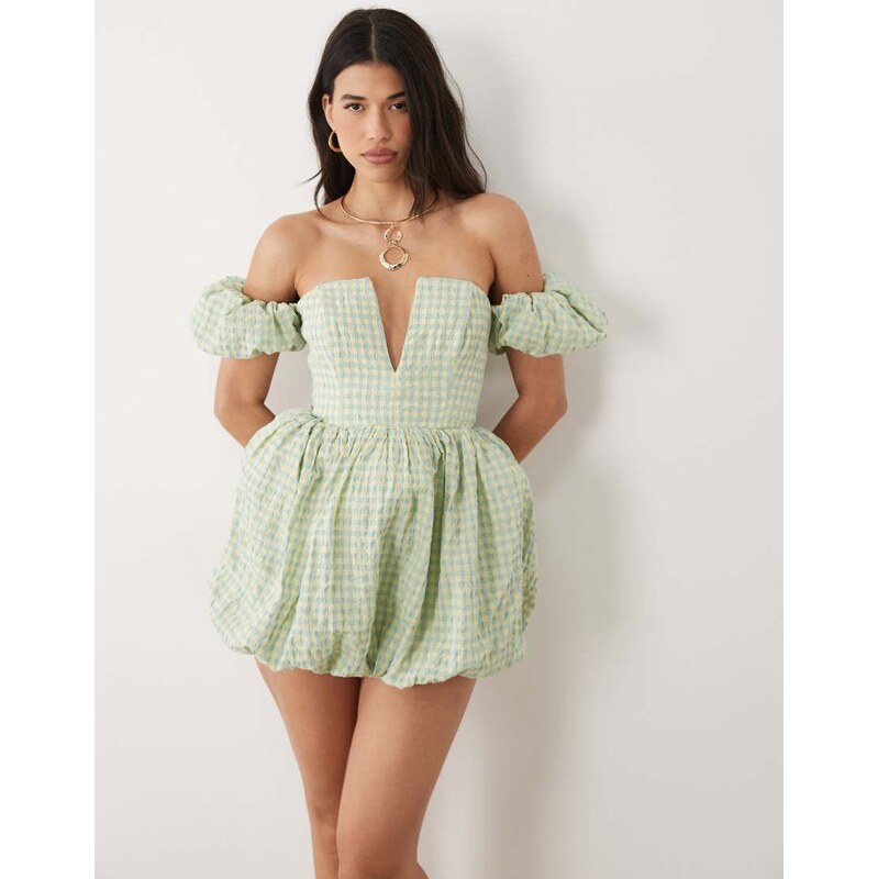 ASOS LUXE puffball mini dress in blue and yellow gingham-Multi