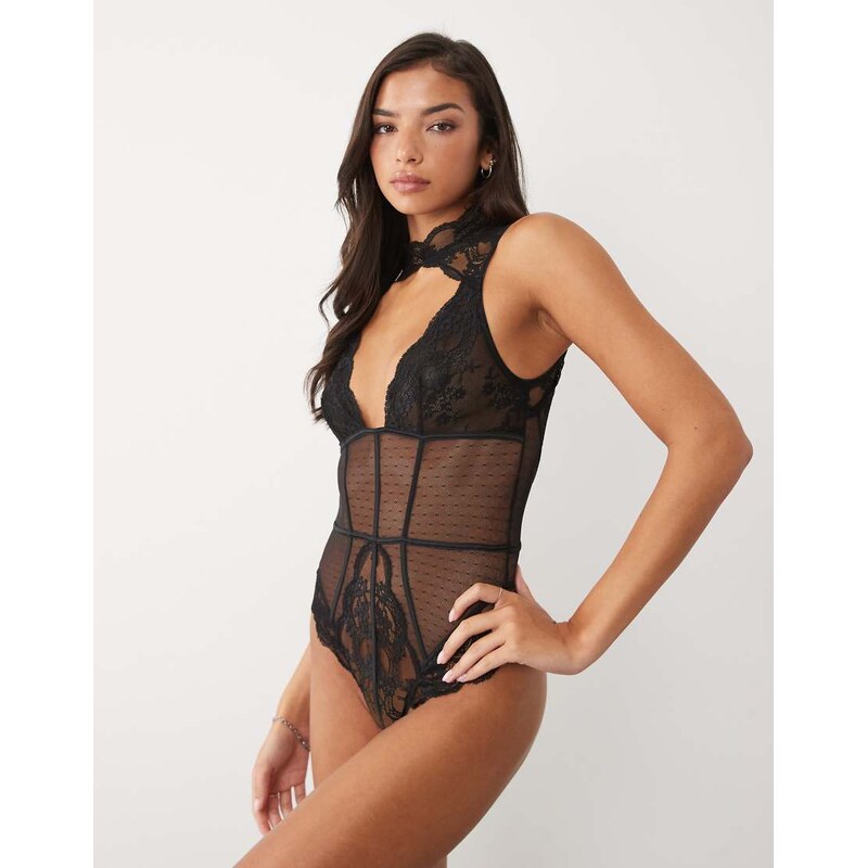 ASOS DESIGN Lola lace high neck cut out detail body in black