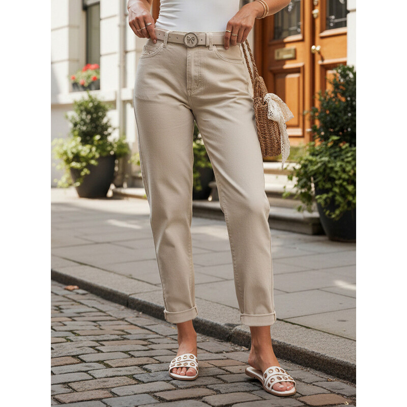 Dámské džínové kalhoty Mom Fit s páskem, béžové, FashionStreet