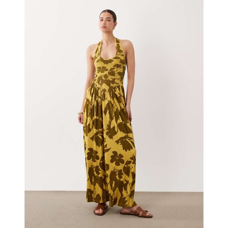 ASOS DESIGN crinkle halter neck midi dress in green floral print