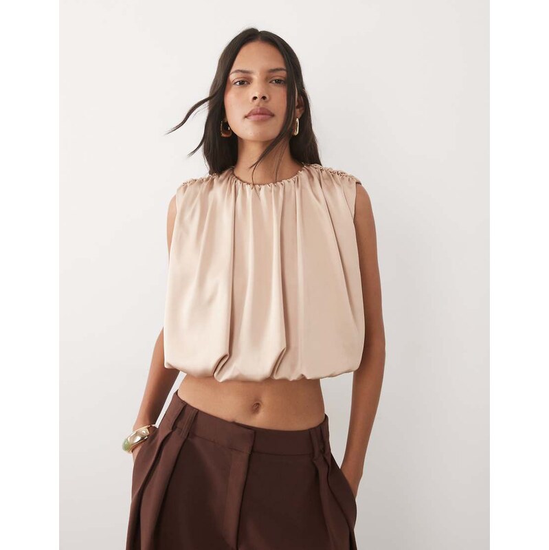 ASOS DESIGN satin sleeveless bubble top in champagne-Neutral