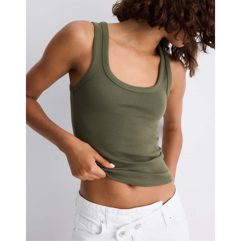 Stradivarius Cotton ribbed racerback top in khaki-Green