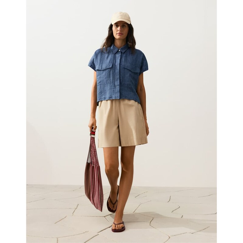 OYSHO 100% linen striped shirt with pockets in blue